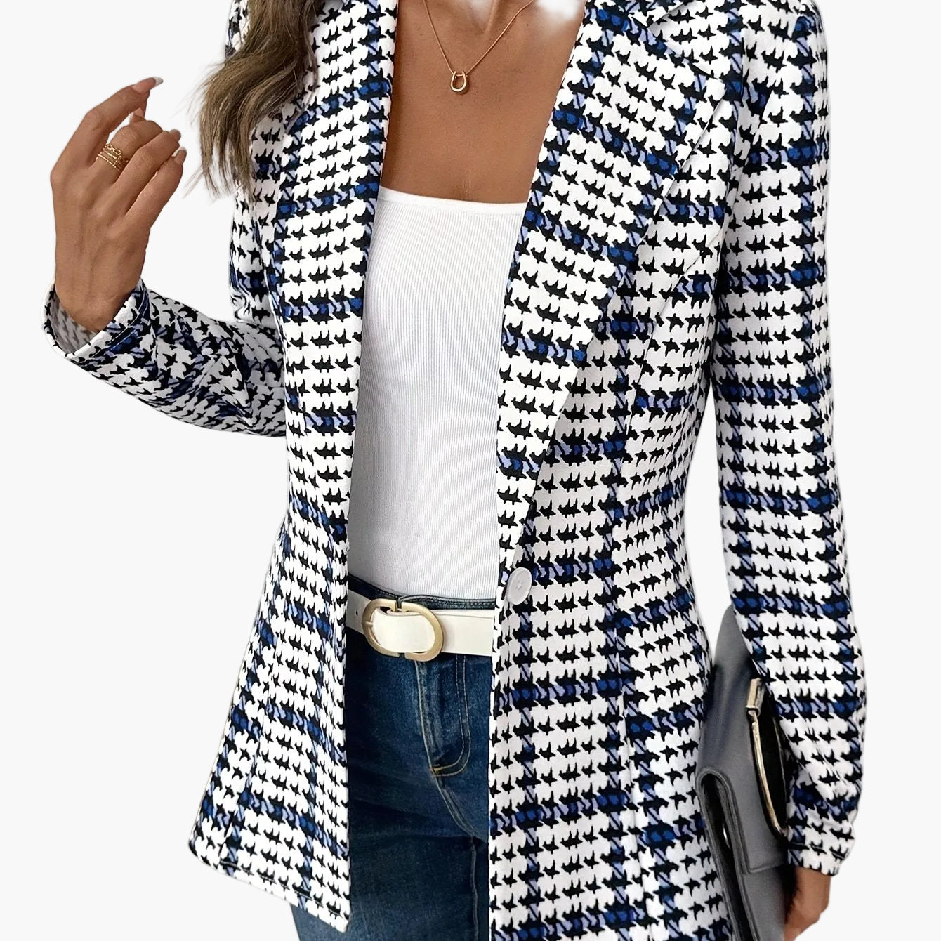 Elegante damesblazer met ruitpatroon in kantoorstijl voor de lente