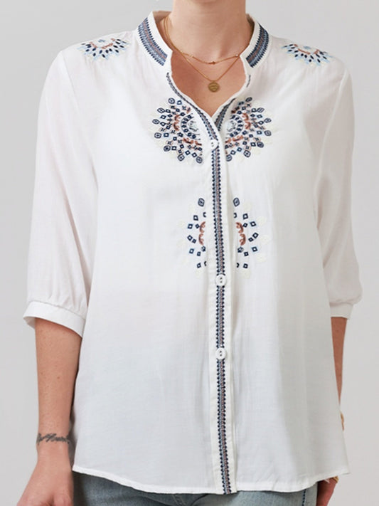 Blusa donna elegante con maniche 3/4 stile bohémien chic ricamata per primavera ed estate