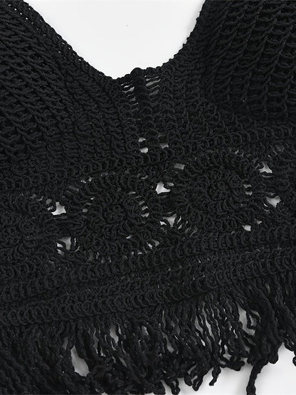 Bohemian cropped tie-front top for women, festival style with openwork details and fringes