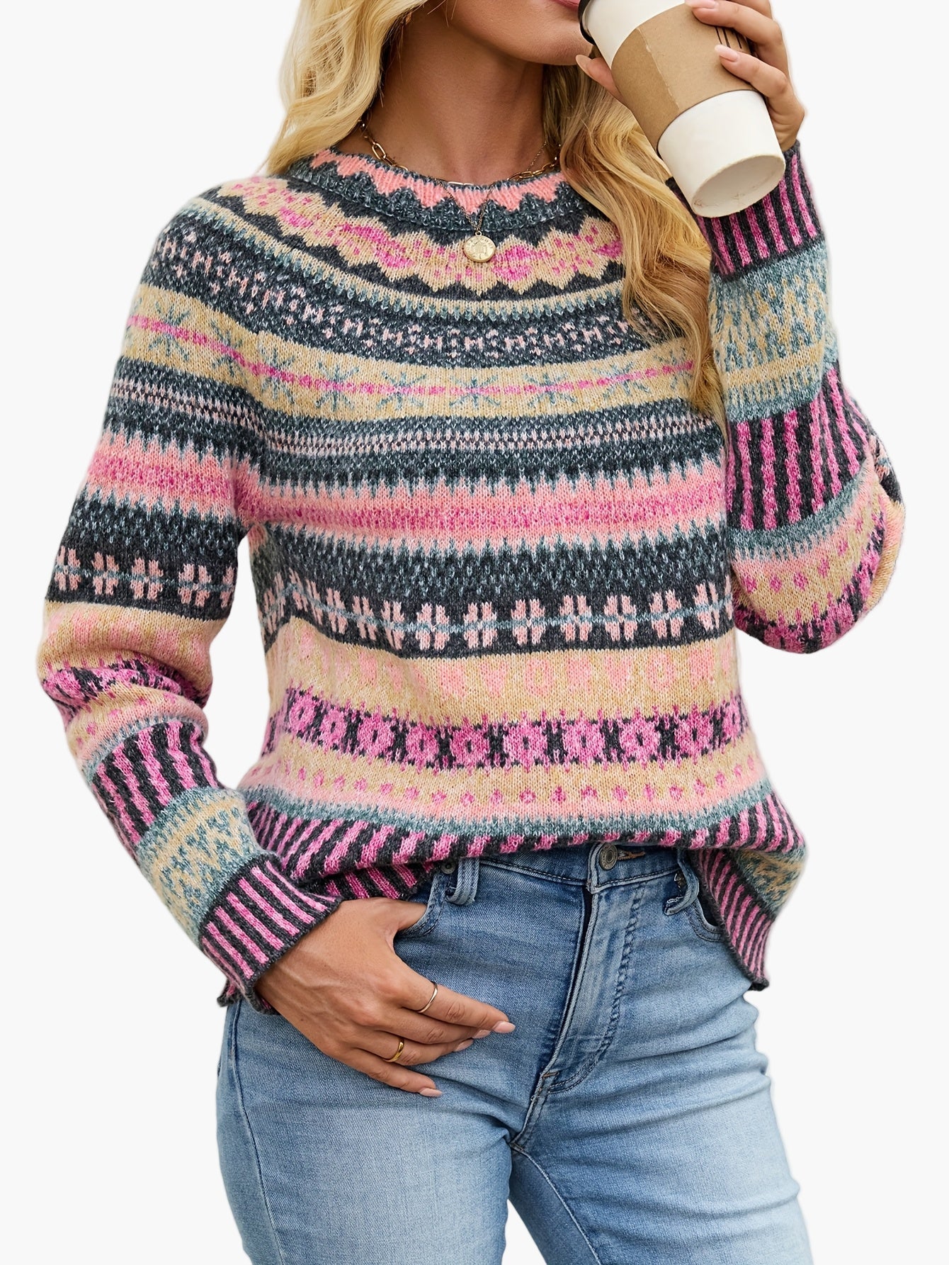 Pull d'hiver femme à motifs géométriques style nordique élégant