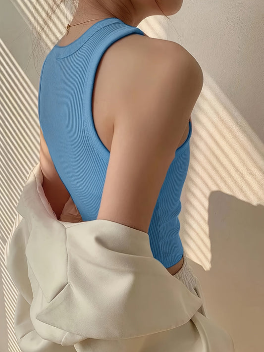 Top donna a coste senza maniche stile minimalista per look casual o sportivo