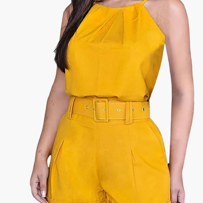 Combinaison Short Élégante Femme Sans Manches Style Printemps Été avec Ceinture