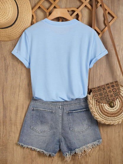 Women's casual style T-shirt with sunflower and butterfly pattern, trendy print for spring-summer