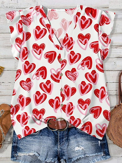 Blusa casual donna con stampa cuori, stile estivo, scollo a V, con bottoni