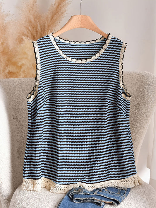 Débardeur femme grande taille style élégant à rayures avec détails à franges, pour printemps et été