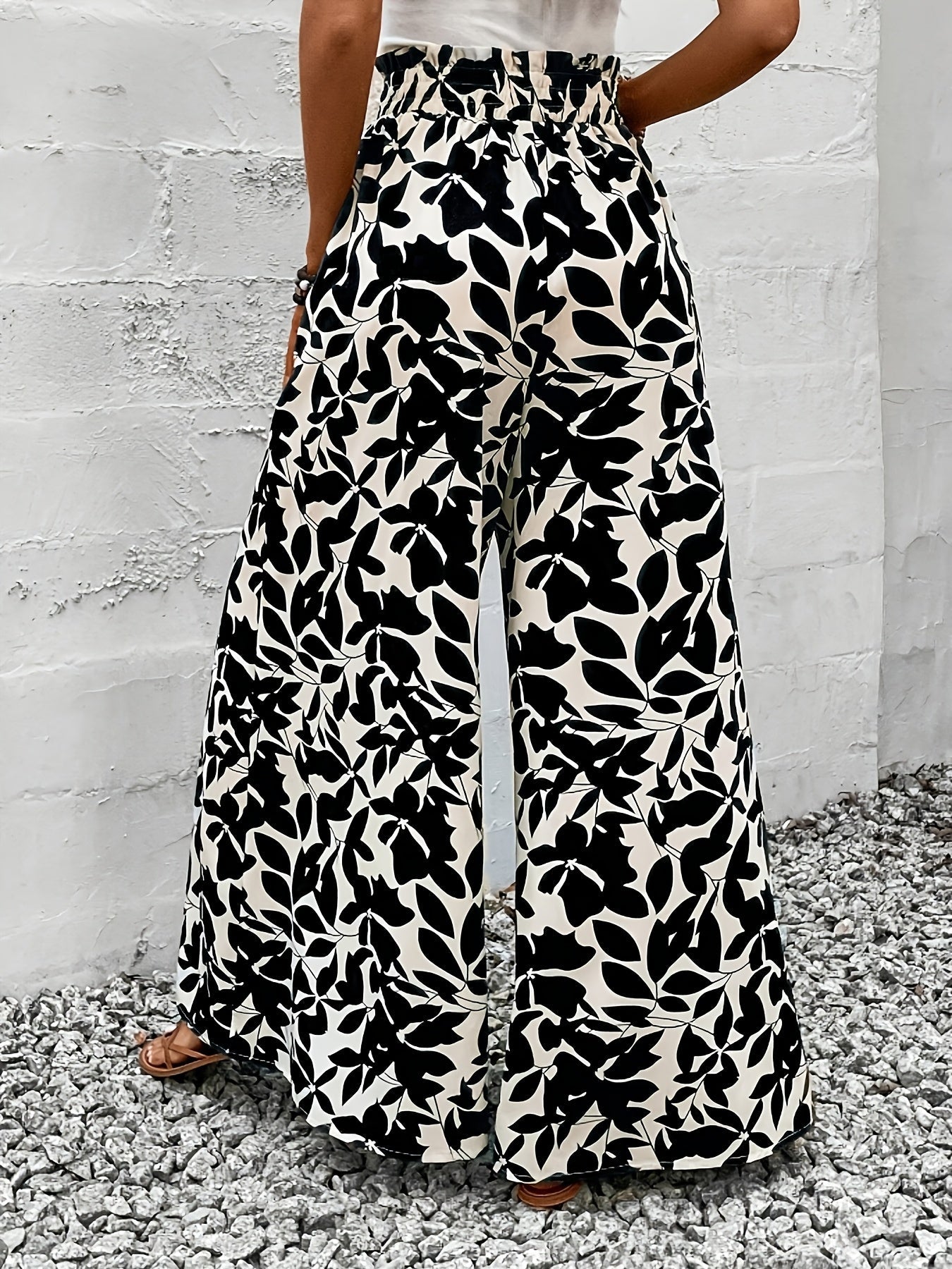 Bredt damebukser i boheme chic-stil med højtaljet løvprint til sommerlige lejligheder og elegante udflugter
