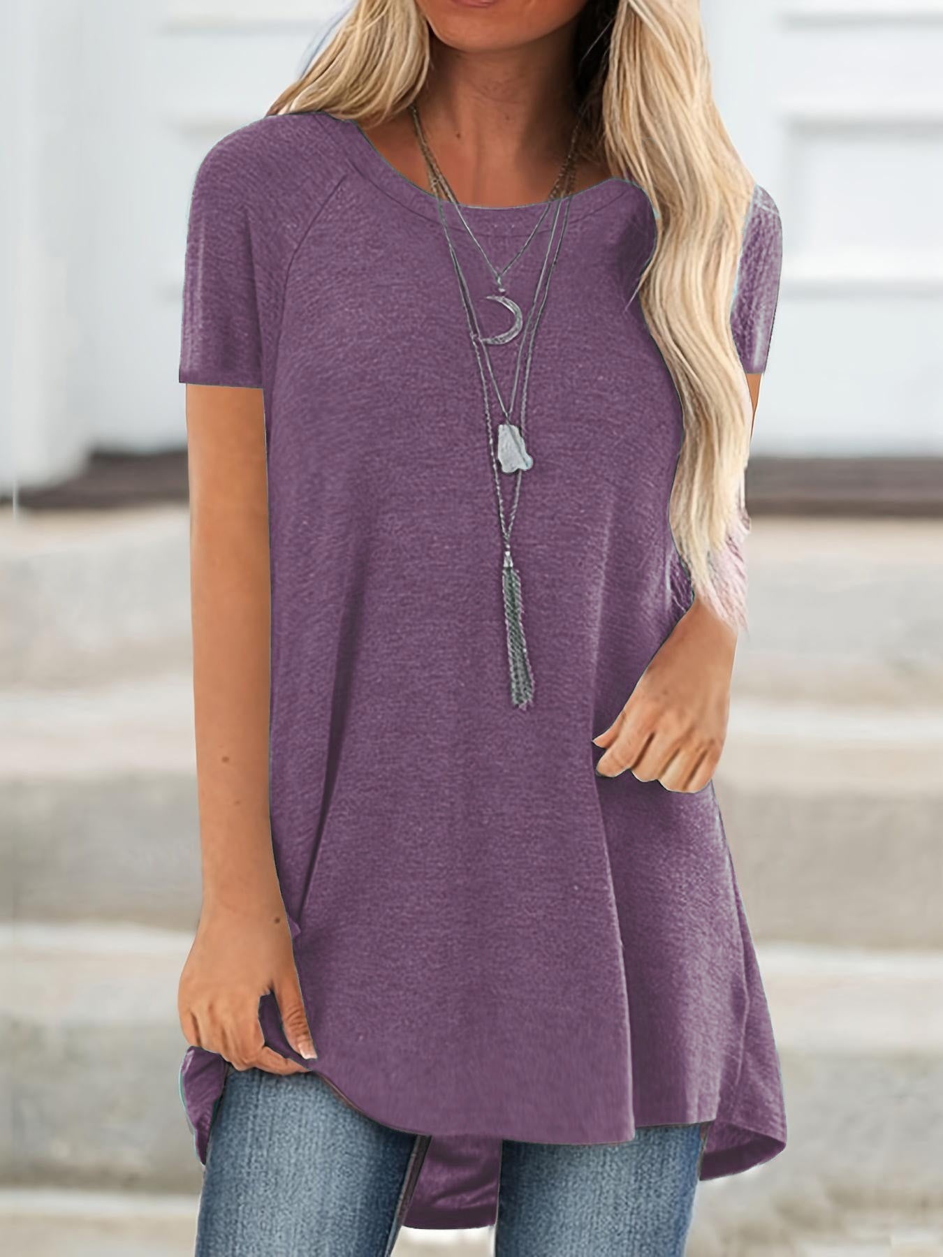 T-shirt lunga casual donna maniche corte collo tondo stile ampio per uso quotidiano