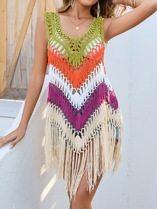 Vestido de playa bohemio calado con flecos para mujer – estilo vacaciones chic