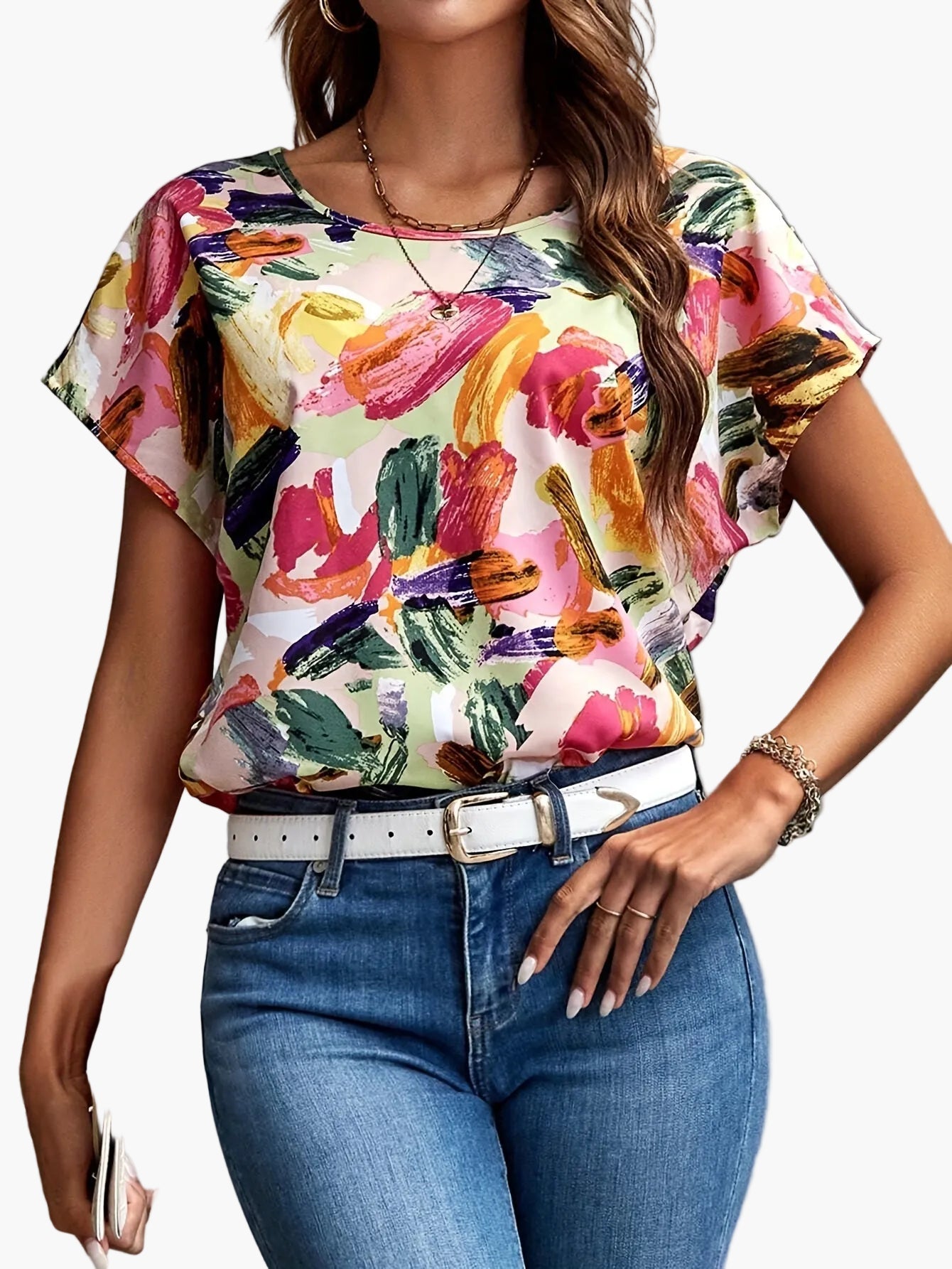 Camiseta mujer corte relajado estilo artístico estampado pinceles – Elegante para el verano