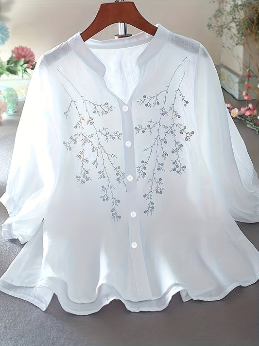 Chemisier femme élégant à broderie florale style estival pour bureau ou sortie