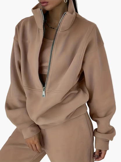 Sweat-shirt zippé à col montant pour femme, style décontracté, idéal automne/hiver