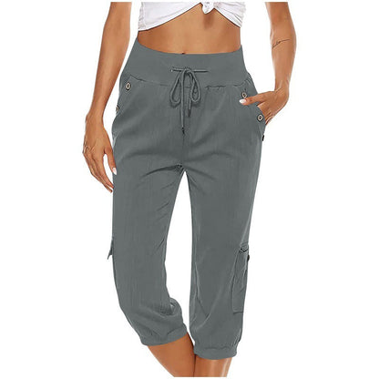 Katie – Pantalon Raccourci en Lin Coton avec Poches Cargo