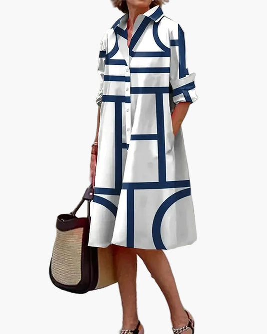 Loose women's shirt dress with geometric print and pockets, casual elegant style