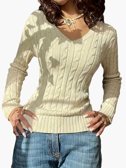 Pull Femme Style Casual à Col V et Motif Câble - Élégance Quotidienne