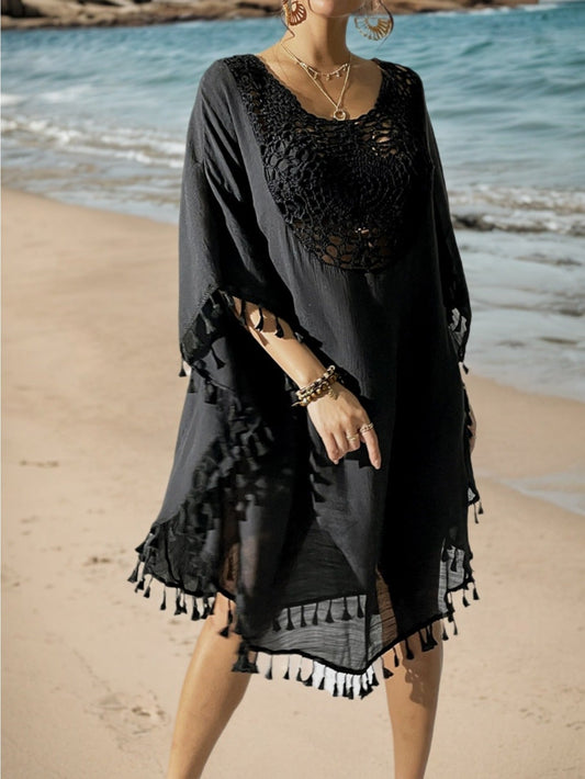 Tunica da spiaggia donna stile poncho bohémien chic con uncinetto e frange - ideale sopra il costume da bagno