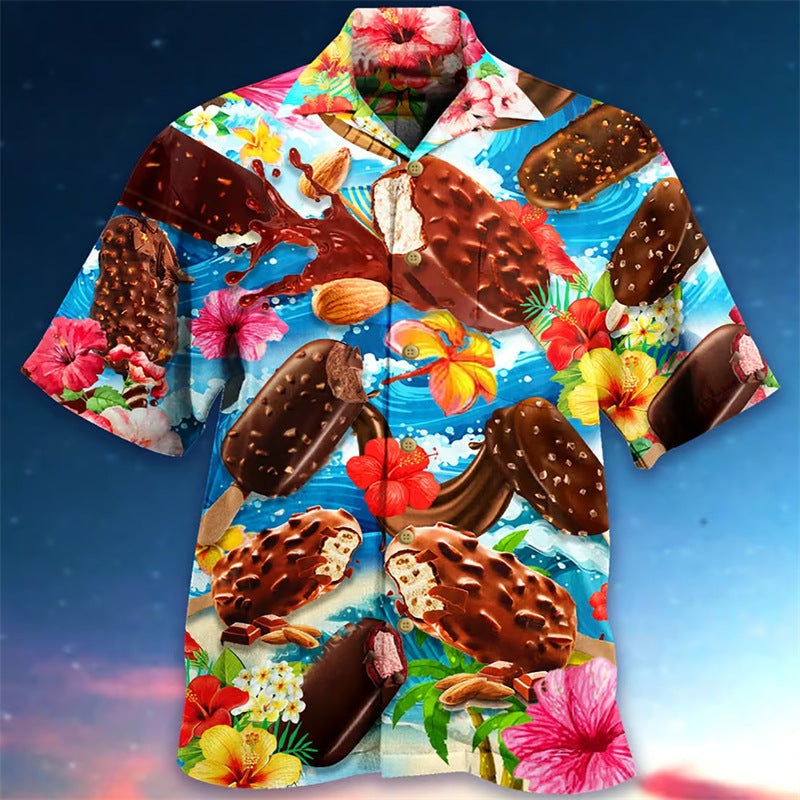 Chemise hawaïenne homme imprimé rétro glaces – style estival original pour loisirs, plage et fêtes