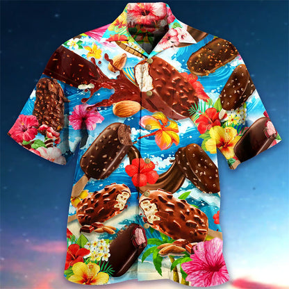 Chemise hawaïenne homme imprimé rétro glaces – style estival original pour loisirs, plage et fêtes