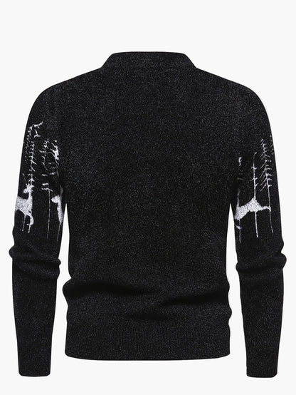 Pull homme style nordique à col rond, motif cerfs et forêt, hiver décontracté