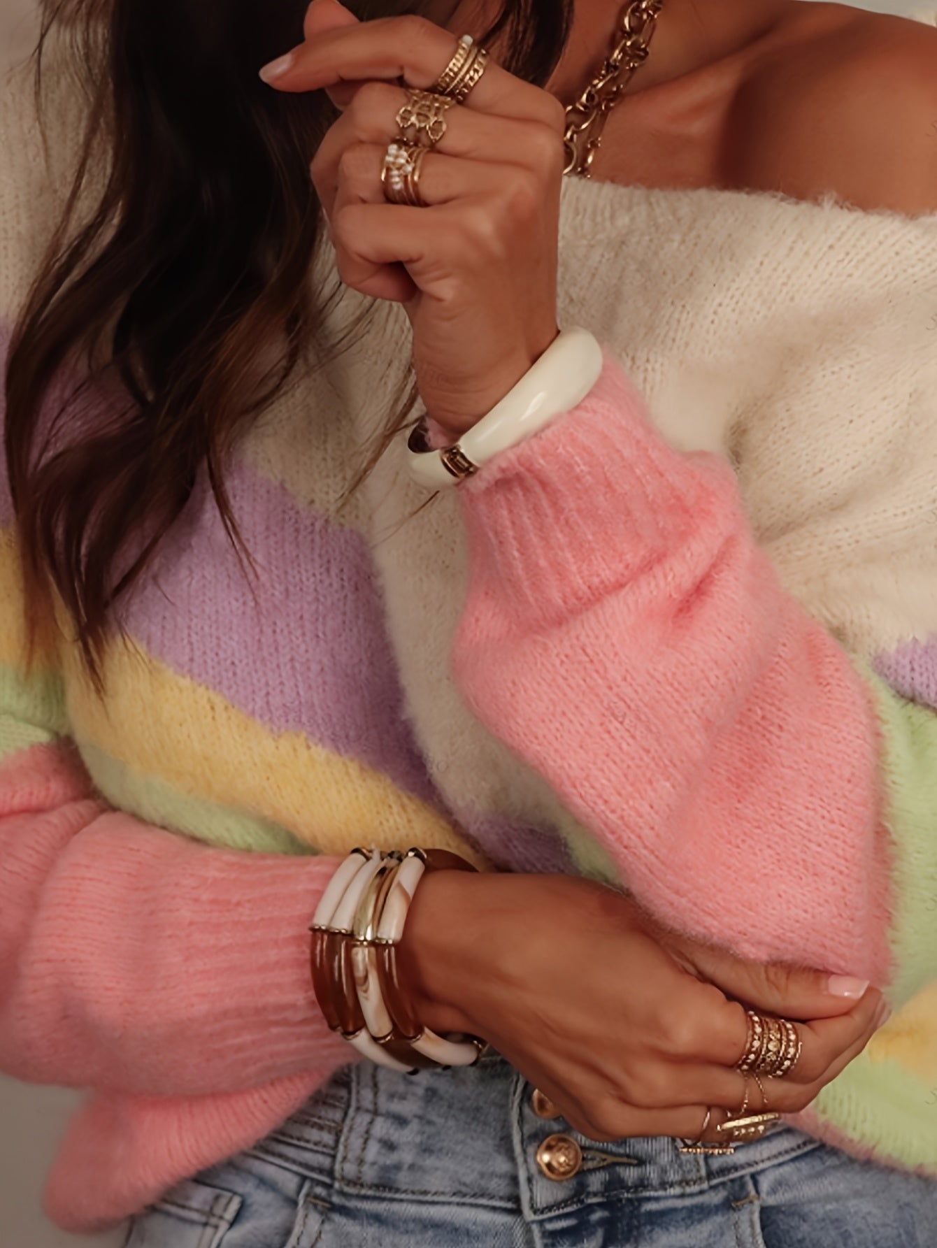 Pull femme style Y2K à rayures arc-en-ciel, col rond, mode décontractée