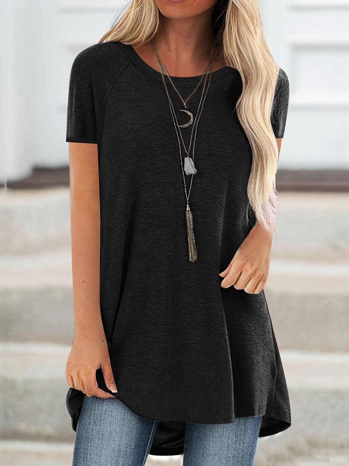 T-shirt lunga casual donna maniche corte collo tondo stile ampio per uso quotidiano