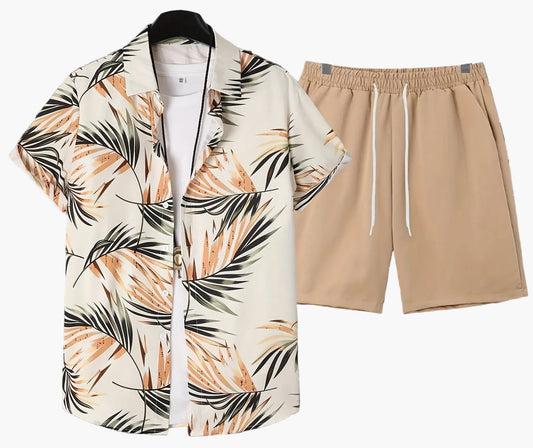 Men's Casual Summer Set - Palm Print Shirt & Shorts - Beach and Vacation Style