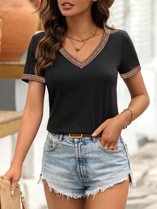 T-shirt casual donna con scollo a V stile bohémien per primavera ed estate