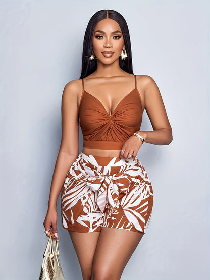 Ensemble coordonné chic pour femme – Style tropical vacances, crop top et short imprimé moderne
