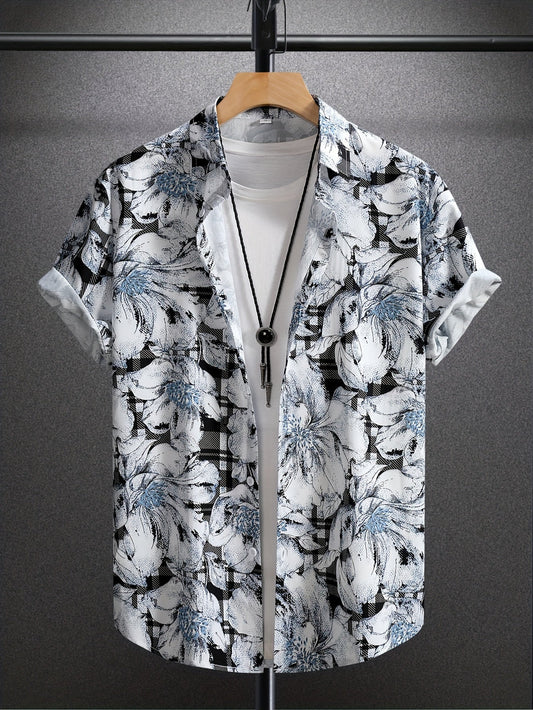 Men's short-sleeve resort-style shirt with graphic floral print – ideal for vacations and casual outings
