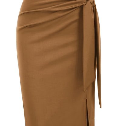 Jupe crayon élégante femme nouée à la taille, fente latérale, style bureau ou soirée