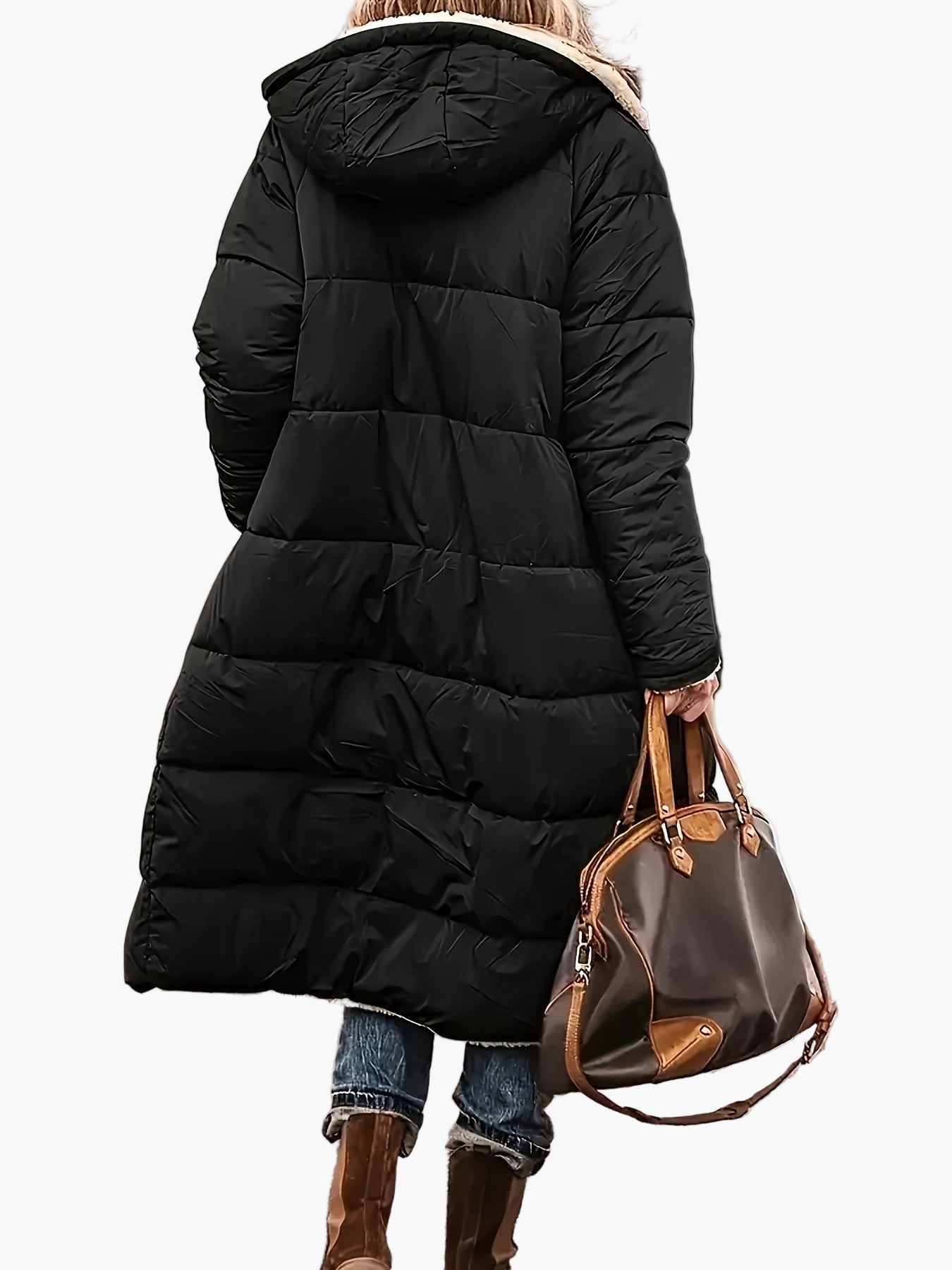 Manteau long d'hiver femme style décontracté avec capuche et doublure chaude, idéal pour les voyages et le quotidien