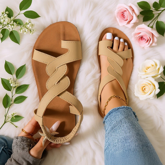 Sandales plates femme style bohème à brides croisées pour vacances et plage
