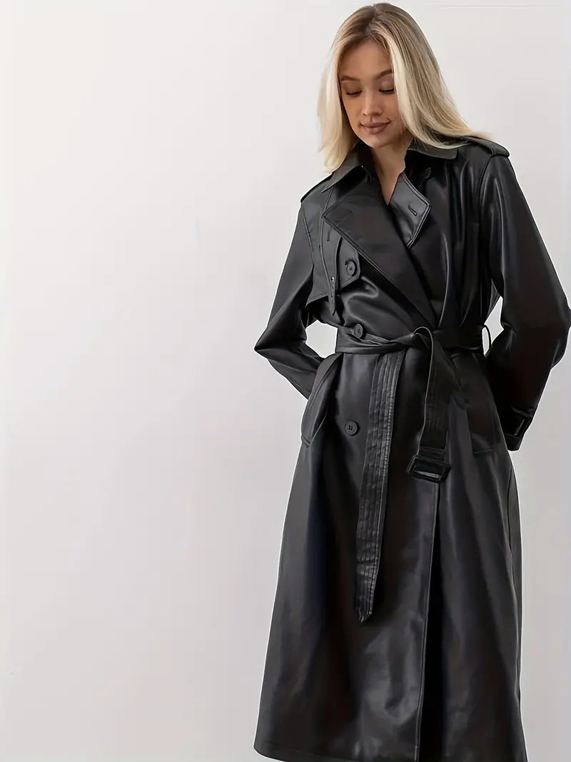 Trench-coat long pour femme - Style élégant à double boutonnage avec ceinture à la taille - Idéal pour l'automne et l'hiver