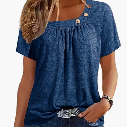 T-shirt donna con scollo asimmetrico e bottoni, stile casual chic per tempo libero o uscite