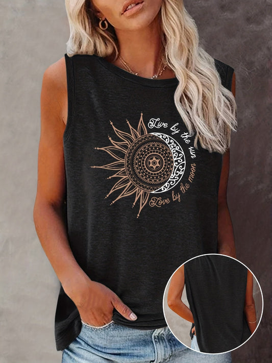 Débardeur femme style bohème graphique soleil et lune, casual été, tendance jeune