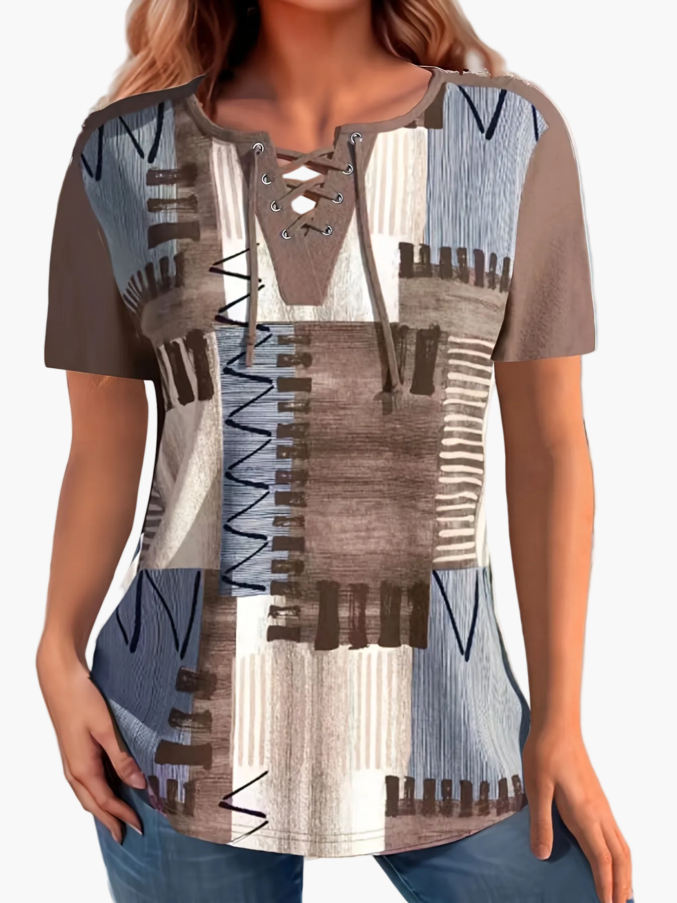 Avslappnad t-shirt med snörat geometriskt mönster för kvinnor, urban sommarstil