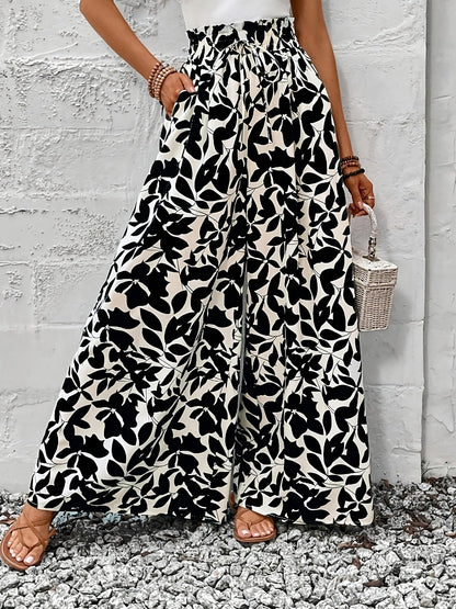 Bredt damebukser i boheme chic-stil med højtaljet løvprint til sommerlige lejligheder og elegante udflugter