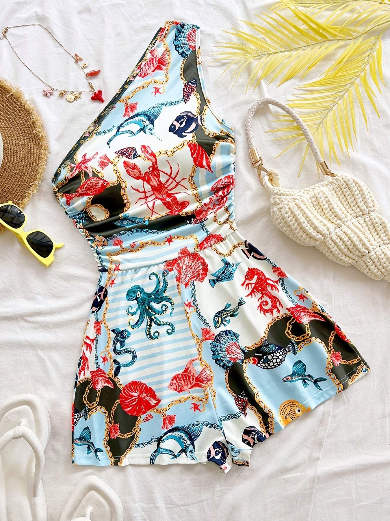 Combinaison Short Femme Une Épaule Style Tropical Été Chic
