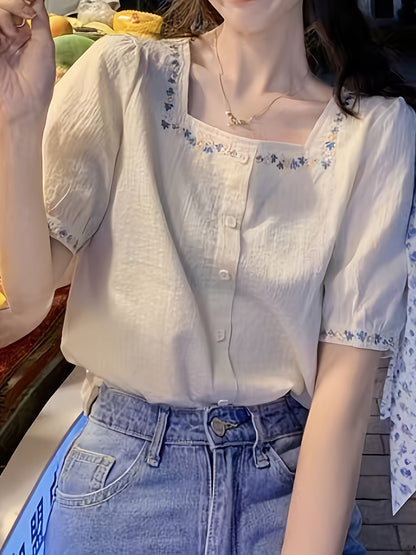 Blouse femme élégante à col carré et broderies florales, style décontracté printemps-été