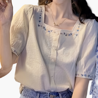 Blouse femme élégante à col carré et broderies florales, style décontracté printemps-été