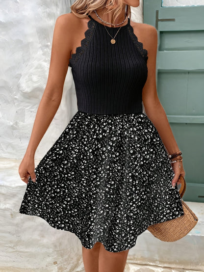 Robe d'été élégante pour femme style bohème à col halter et motif fleuri