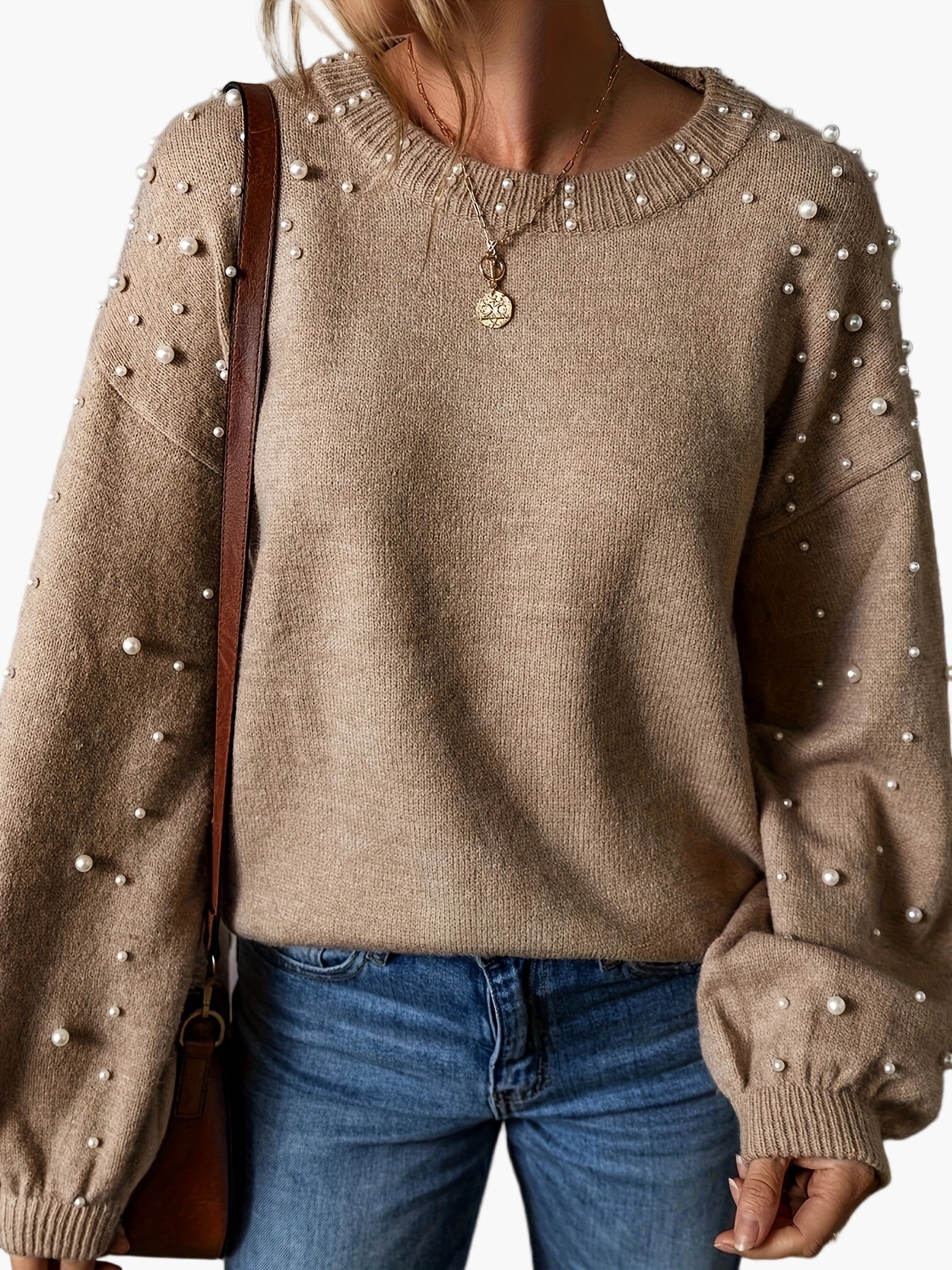 Pull femme élégant à perles style décontracté manches longues