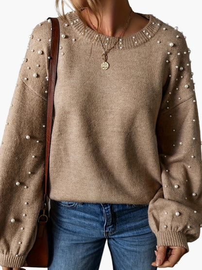 Pull femme élégant à perles style décontracté manches longues
