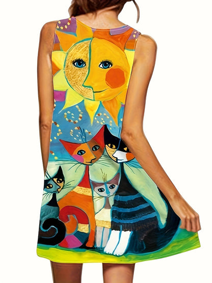 Robe décontractée femme style vintage motif artistique chats et soleil – idéale pour l'été et le printemps