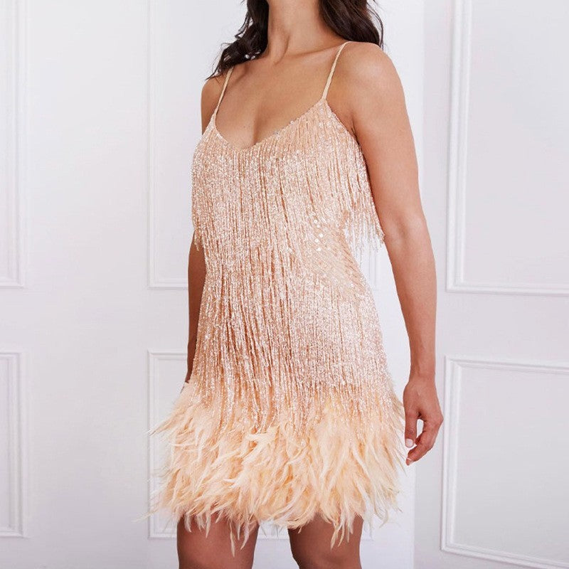 Robe Femme Style Charleston Années 20 à Franges et Plumes pour Soirée et Cocktail