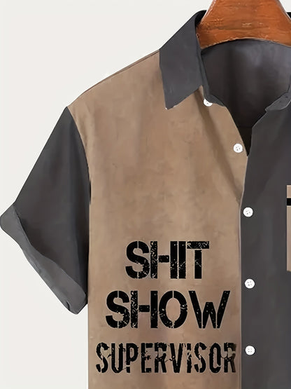 Vintage herenoverhemd met korte mouwen en humoristische opdruk – Casual zomerstijl supervisor « Shit Show »
