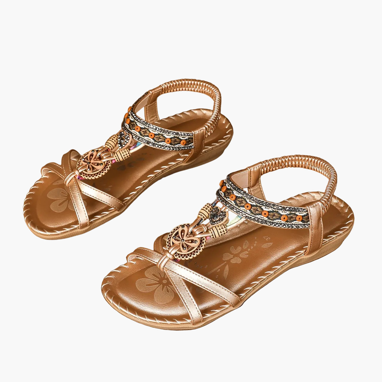 Women's Bohemian Slip-On Sandals with Ornaments and Ankle Strap - Casual Chic Style
