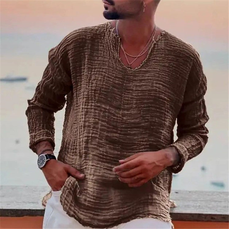 Ken – Chemise décontractée à col rond en couleur unie avec bords effilochés