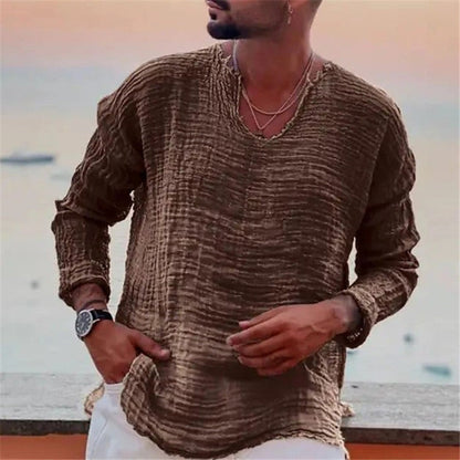 Ken – Chemise décontractée à col rond en couleur unie avec bords effilochés