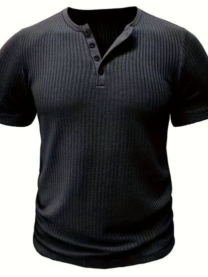 T-shirt casual a maniche corte da uomo stile Henley con bottoni a righe