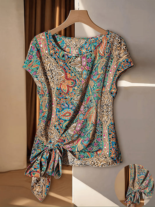 Blusa donna elegante con motivo bohémien per primavera/estate, stile asimmetrico con fiocco decorativo